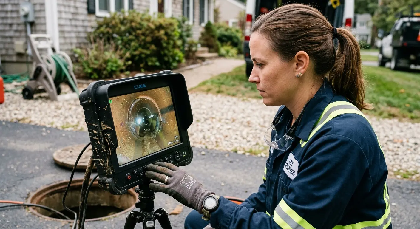 Technician reviewing sewer camera inspection footage in Deltona