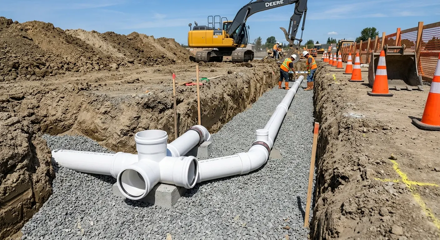 New PVC sewer pipe installation in open trench for Sewer Backup in Deltona