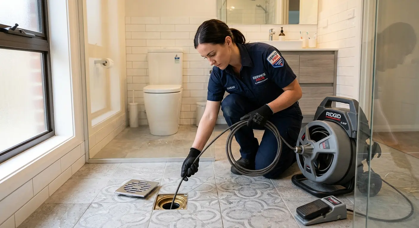 Technician clearing a bathroom floor drain for Hydro Jetting in Deltona